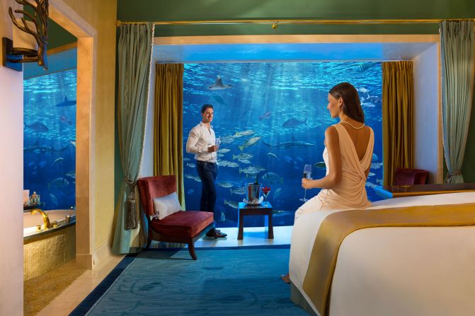 <strong>The Underwater Suite at Atlantis, The Palm --</strong> The Underwater Suite at Atlantis, The Palm is not the first hotel room in the world to give you a fish eye view. And if you want a real ocean experience in Dubai, there's a <a href="index.php?page=&url=http%3A%2F%2Fedition.cnn.com%2F2016%2F07%2F10%2Farchitecture%2Ffloating-underwater-villas%2Findex.html">proposed over/underwater villa</a> in the pipeline. But the suites at The Atlantis are perhaps the gigantic hotel's most famous feature.