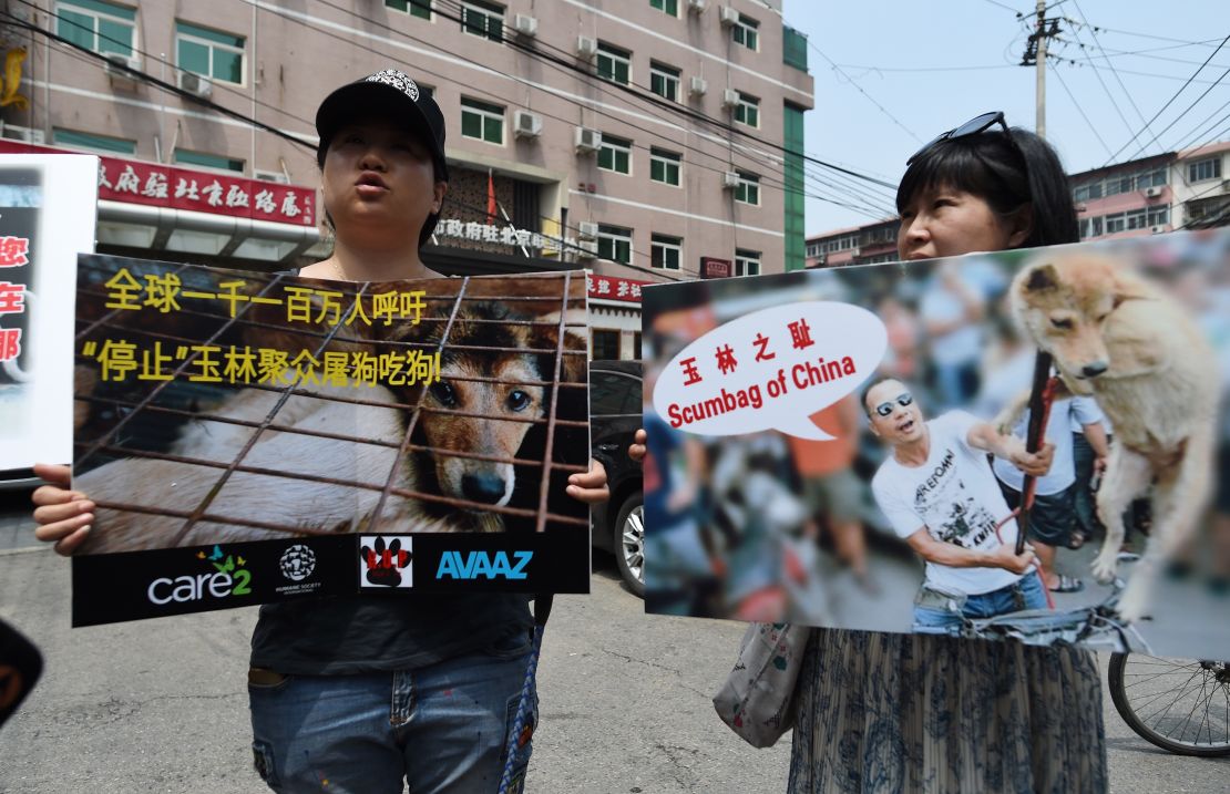 Chinese animal activists display protest banners outside the Yulin government office in Beijing on June 10, 2016.