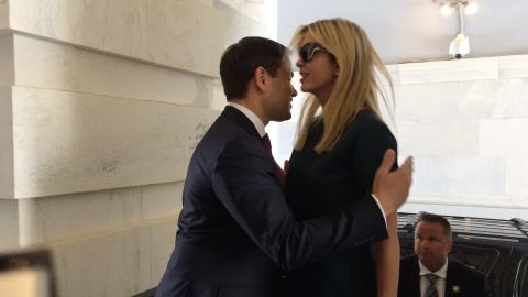 Ivanka Trump, daughter of President Donald Trump, is greeted by Sen. Marco Rubio, R-Fla., as she arrives at the Capitol to meet with lawmakers about parental leave, in Washington, Tuesday, June 20, 2017.