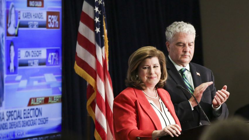 Karen Handel gives her victory speech at her election party in Atlanta, Georgia on June 20th, 2017.