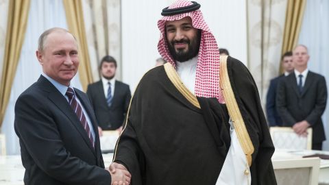 Russian President Vladimir Putin shakes hands with Saudi Deputy Crown Prince and Defence Minister Mohammed bin Salman during a meeting at the Kremlin in Moscow on May 30, 2017.