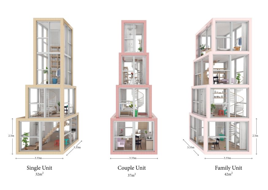 Using the same total floor space as typical a small apartment -- from 344 to 452 square feet -- the architects spread their homes over four stories.