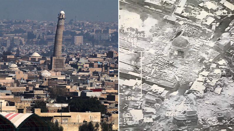 Before-and-after photographs of the destruction. The US and ISIS trade blame for <a href="index.php?page=&url=http%3A%2F%2Fedition.cnn.com%2F2017%2F06%2F21%2Fworld%2Fmosul-iraq-mosque-destroyed%2Findex.html" target="_blank">its loss</a>. 