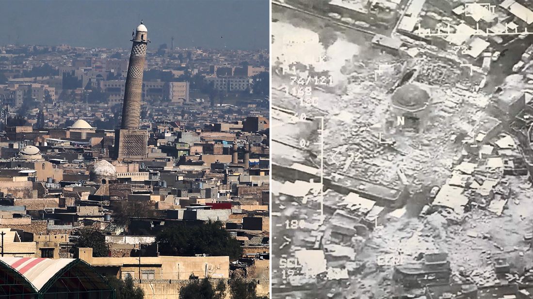 Before-and-after photographs of the destruction. The US and ISIS trade blame for <a href="http://edition.cnn.com/2017/06/21/world/mosul-iraq-mosque-destroyed/index.html" target="_blank">its loss</a>. 