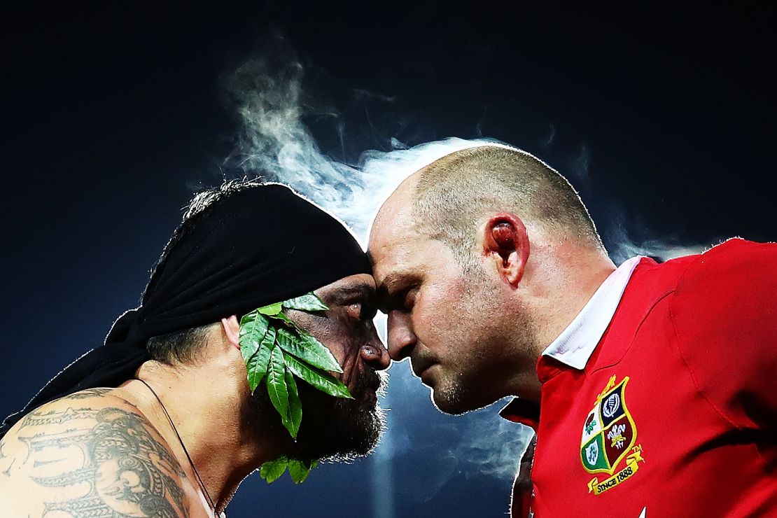 Irishman Rory Best, who captained the Lions during a warm-up game against the Chiefs, is presented with a Taiaha, a traditional Maori weapon, after the game.