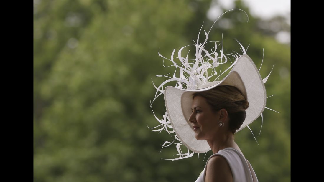 Barbra Studwick wears a white and feather ornate hat on the third day of the Royal Ascot horse race meeting, which is traditionally known as Ladies Day, in Ascot, England Thursday, June 22, 2017. 