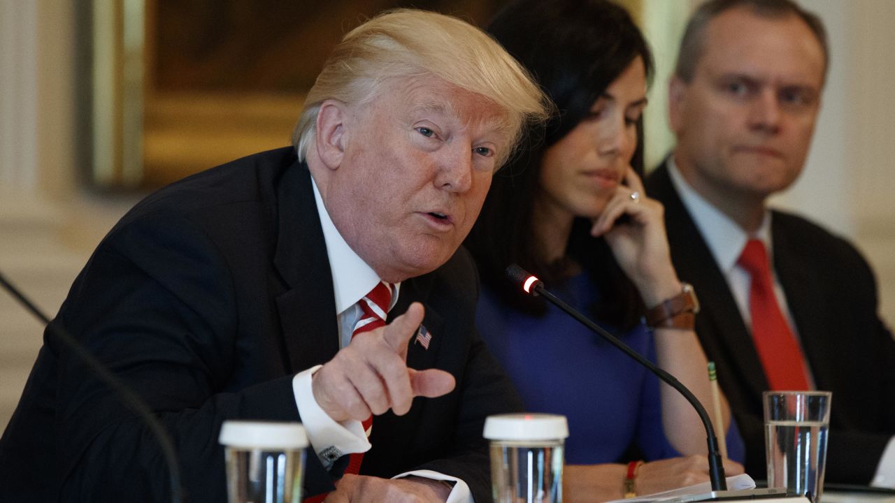 President Donald Trump speaks during the "American Leadership in Emerging Technology" event in the East Room of the White House, Thursday, June 22, 2017, in Washington. From left, Trump, Trumbull Unmanned CEO Dyan Gibbens, and Honeywell CEO Darius Adamczyk. (AP Photo/Evan Vucci)