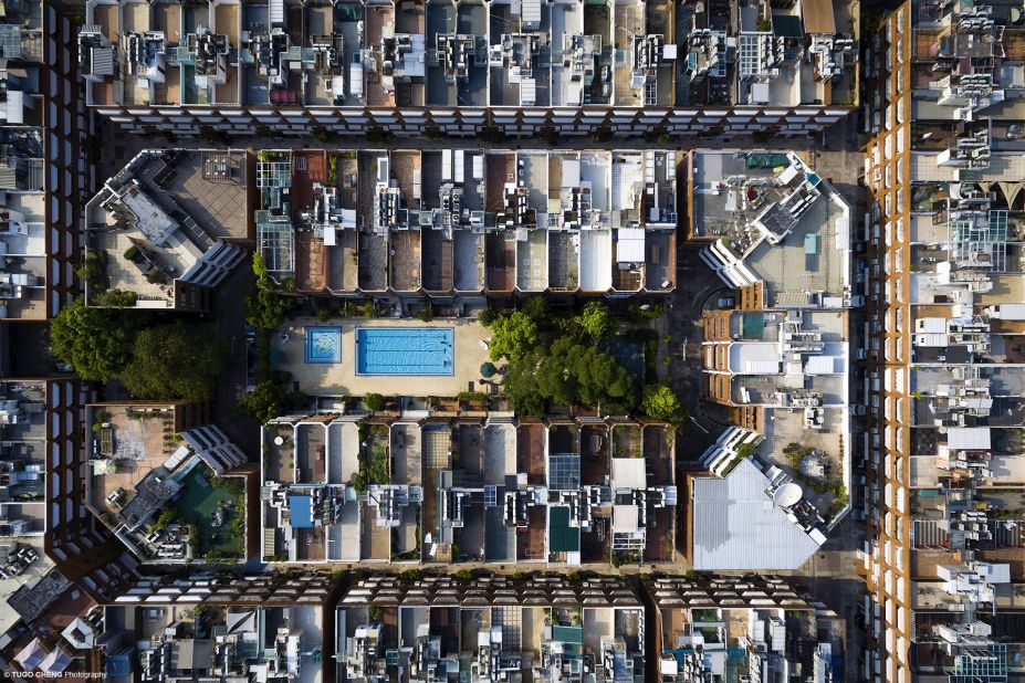Tugo Cheng uses drones to capture Hong Kong from a bird's-eye view. In this photo, he captures luxurious residences in Kowloon Tong.