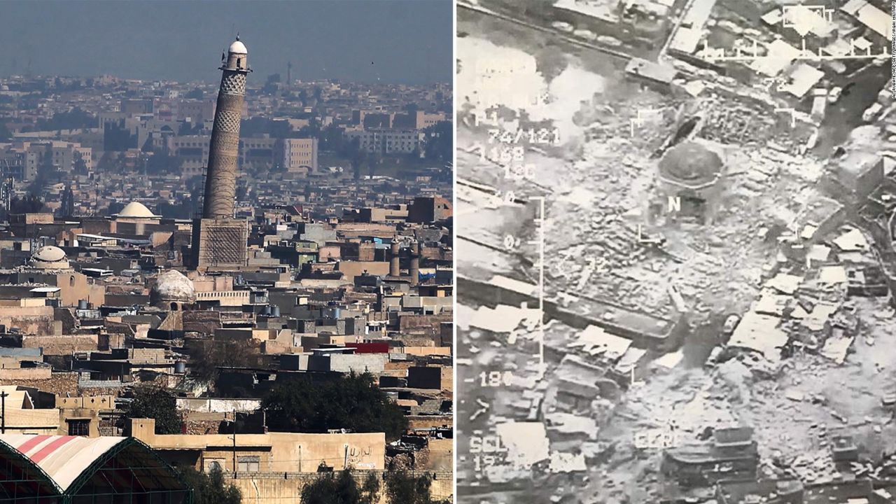 Before and after images of the Great Mosque of al-Nuri show the scale of destruction.