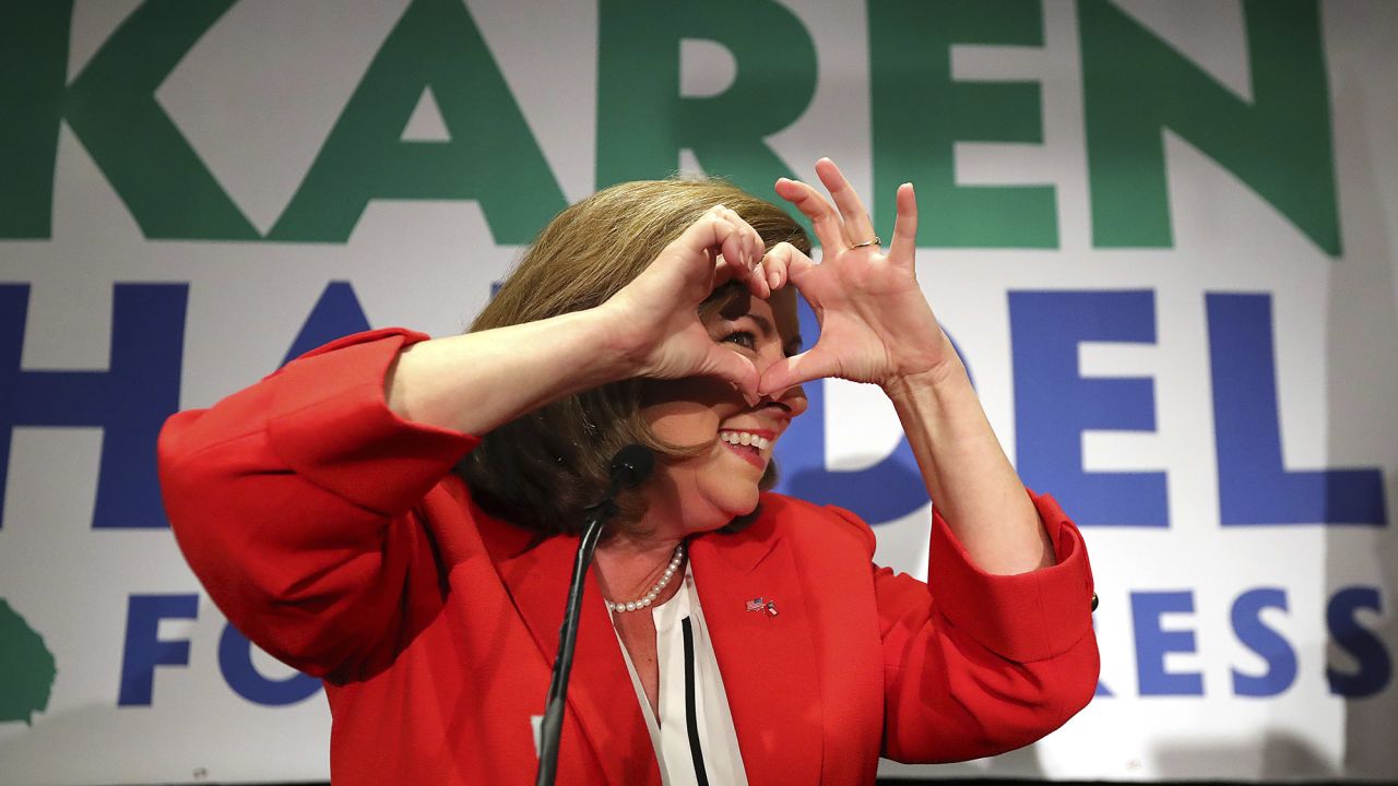 Republican Karen Handel makes a heart symbol while thanking her supporters in Atlanta on Tuesday, June 20. Handel defeated Democrat Jon Ossoff in <a href="http://www.cnn.com/2017/06/20/politics/georgia-house-results-ossoff-handel/index.html" target="_blank">the most expensive US House race in history.</a> The Georgia seat had been vacated by Tom Price, who went on to become the secretary of Health and Human Services.