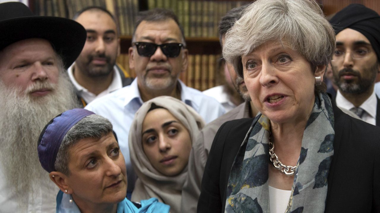 British Prime Minister Theresa May talks to faith leaders at the Finsbury Park Mosque in London on Monday, June 19. Earlier in the day, a van plowed into a crowd of Muslims leaving Ramadan prayers. <a href="http://www.cnn.com/2017/06/22/europe/finsbury-park-attack-death/index.html" target="_blank">One man was killed</a> and nine were injured.