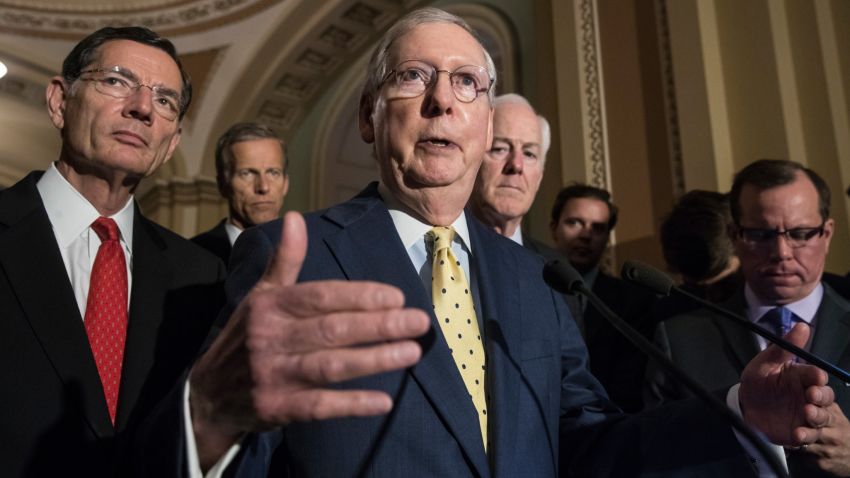 Senate Majority Leader Mitch McConnell, R-Ky., joined by, from left, Sen. John Barrasso, R-Wyo., Sen. John Thune, R-S.D., and Majority Whip John Cornyn, R-Texas, speaks following a closed-door strategy session, at the Capitol in Washington, Tuesday, June 20, 2017. Sen. McConnell says Republicans will have a "discussion draft" of a GOP-only bill scuttling former President Barack Obama's health care law by Thursday. (AP Photo/J. Scott Applewhite)