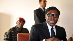 Teodoro Obiang Mangue, (R), son of the Equatorial Guinea's President, speaking in Mbini-Rio Benito, south of Bata, in January 2012.
