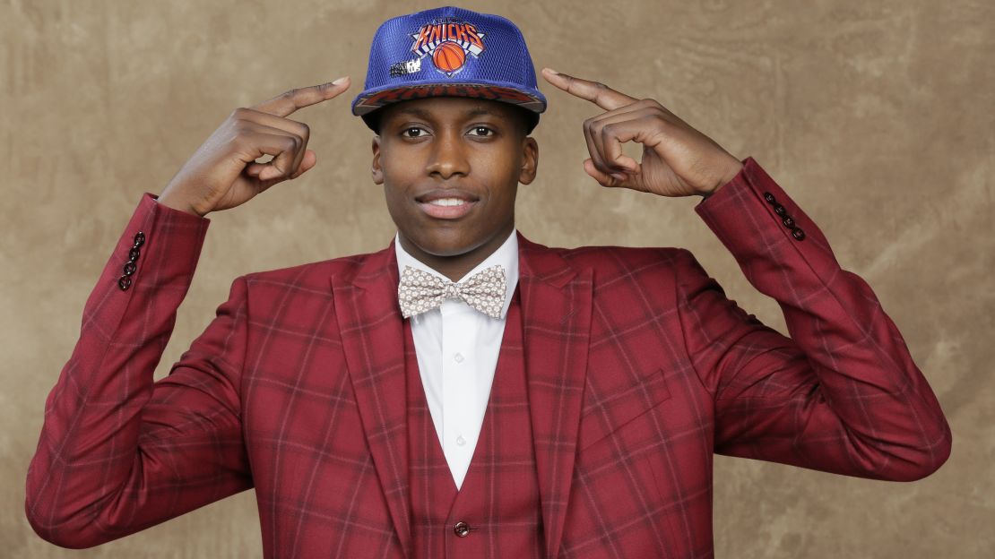 Ntilikina poses for a portrait after being drafted No. 8 overall to the New York Knicks during the 2017 NBA Draft at Barclays Center in Brooklyn, New York.