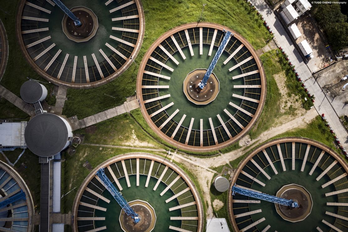 These sewage treatment plants, when viewed from above, resemble giant Ferris wheels.