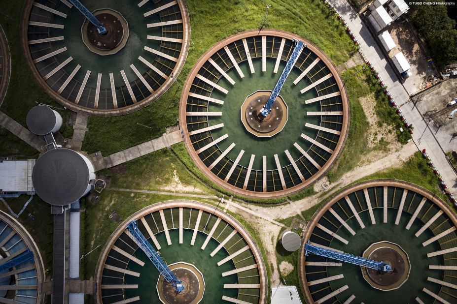Sewage treatment plants resemble giant Ferris wheels. 