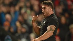 New Zealand All Blacks player Codie Taylor celebrates scoring a try against the British and Irish Lions during their Test match between New Zealand and the British and Irish Lions at Eden Park in Auckland on June 24, 2017 / AFP PHOTO / PETER PARKS        (Photo credit should read PETER PARKS/AFP/Getty Images)