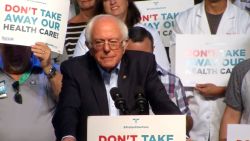 Senator Bernie Sanders speaks at a stop on the "Don't Take our Health Care" bus tour in Columbus, Ohio on June 25.
