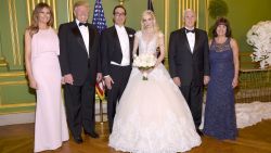 WASHINGTON, DC - JUNE 24: (Exclusive Coverage) (L-R) First Lady Melania Trump, President Donald Trump, Secretary of the Treasury Steven Mnuchin, Louise Linton, Vice President Mike Pence, and Second Lady Karen Pence pose at the wedding of Secretary of the Treasury Steven Mnuchin and Louise Linton on June 24, 2017 at Andrew Mellon Auditorium in Washington, DC. Louise Linton is wearing a custom Ines DiSanto gown with wedding ring and earrings by Martin Katz.  (Photo by Kevin Mazur/Getty Images for LS)