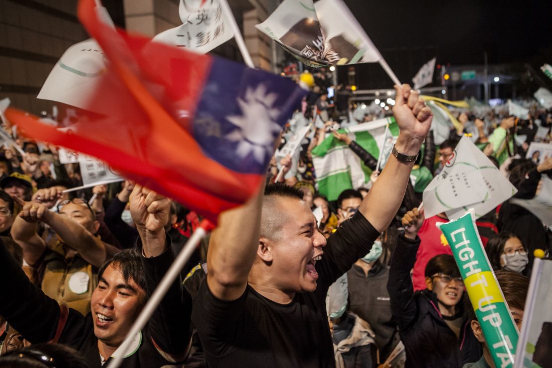 Supporters shout during Tsai Ing-wen's speech on her presidential election victory on January 16, 2016 in Taipei, Taiwan. 