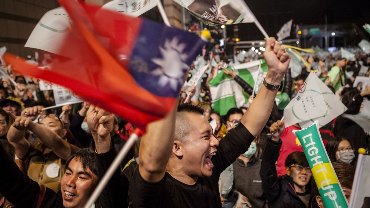 Supporters shout during Tsai Ing-wen's speech on her presidential election victory on January 16, 2016 in Taipei, Taiwan.