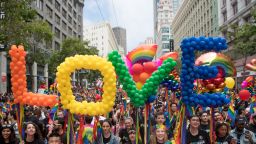 People participate in the San Francisco Pride parade in San Francisco, California on June 25, 2017. / AFP PHOTO / Josh Edelson        (Photo credit should read JOSH EDELSON/AFP/Getty Images)