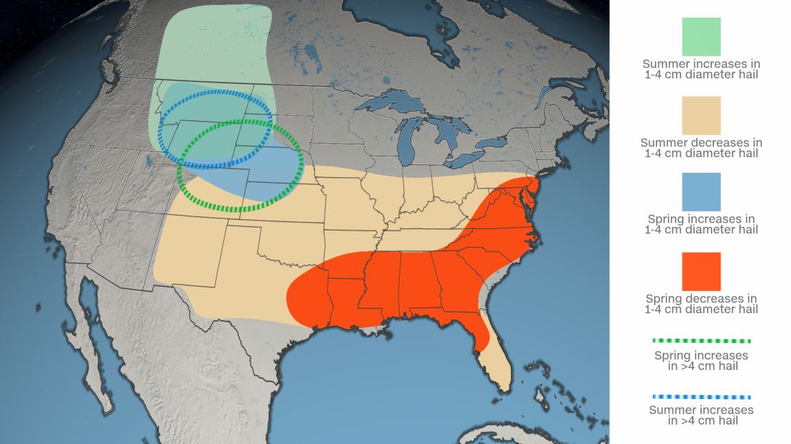 A summarized illustration of research projecting modeling data changes of hail size in 1971-2000 and 2041-2070 across North America.