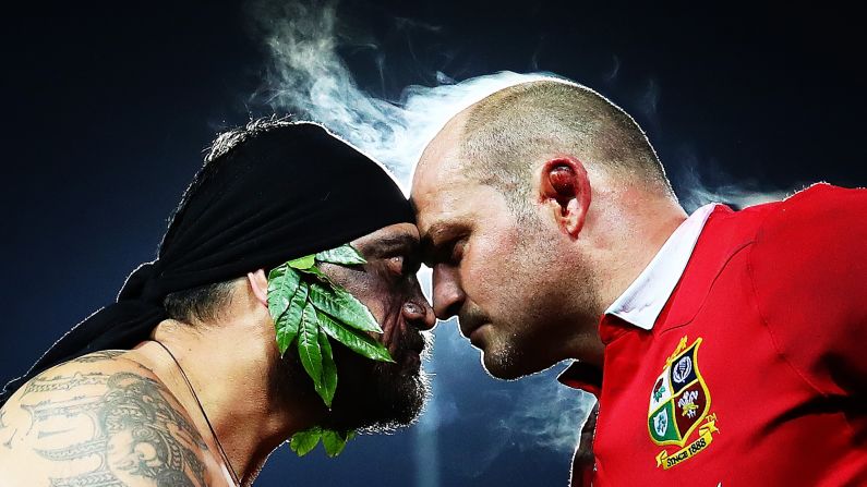A Maori warrior greets rugby player Rory Best during a pre-match ceremony in Hamilton, New Zealand, on Tuesday, June 20. Best plays for the British & Irish Lions, who are touring New Zealand this month.