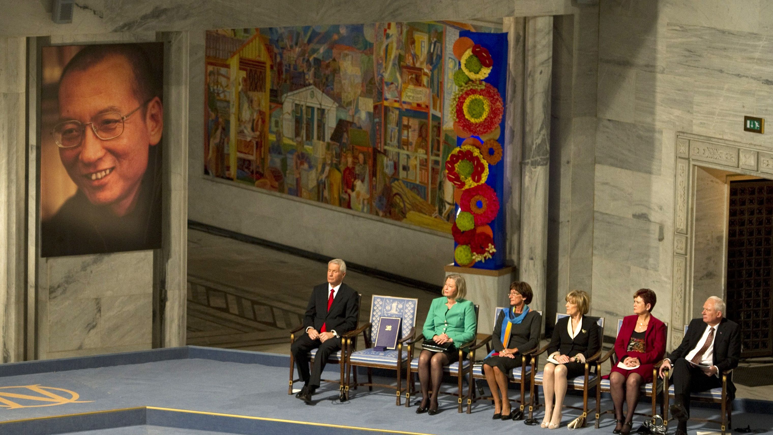 The Nobel Peace Prize committee attend the ceremony for Nobel laureate and dissident Liu Xiaobo at the city hall in Oslo, on December 10, 2010.