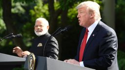 US President Donald Trump (R) and Indian Prime Minister Narendra Modi speak to the press in the Rose Garden of the White House in Washington, DC, on June 26, 2017. / AFP PHOTO / SAUL LOEBSAUL LOEB/AFP/Getty Images