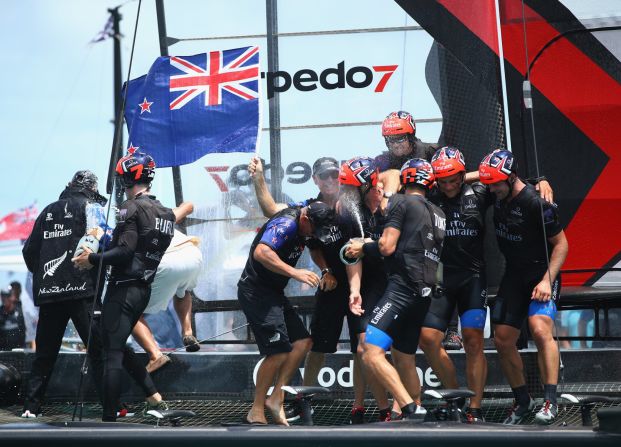 Emirates Team New Zealand, helmed by Peter Burling, celebrate after winning the America's Cup Match in Hamilton, Bermuda.