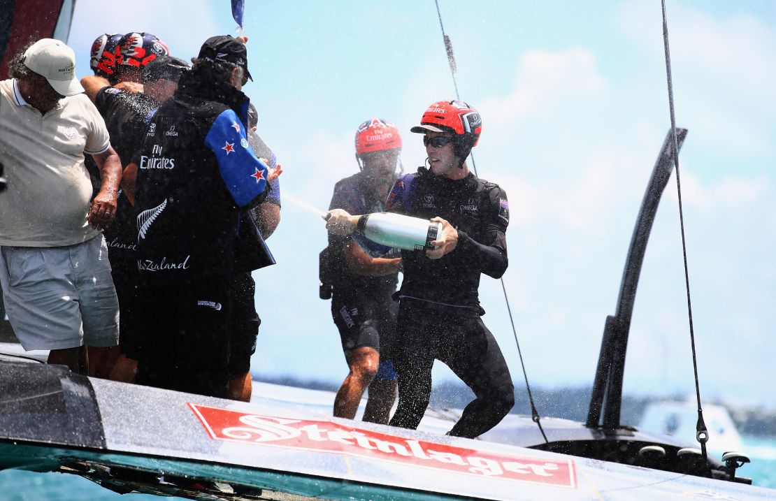 Peter Burling celebrates becoming the youngest helmsman to win the America's Cup.
