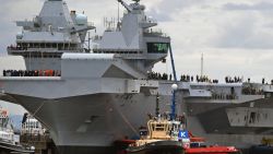 ROSYTH, SCOTLAND - JUNE 26:  The new Royal Navy aircraft carrier HMS Queen Elizabeth departs Rosyth dockyard to be tested in the North Sea on June 26, 2017 in Rosyth, Scotland. HMS Queen Elizabeth, the largest and most powerful surface warship ever built for the Royal Navy.  (Photo by Jeff J Mitchell/Getty Images)