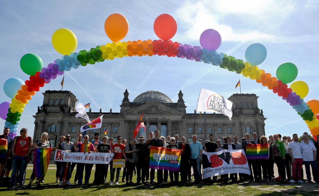 LGBT activists demonstrate outside the German parliament in May 2017. 