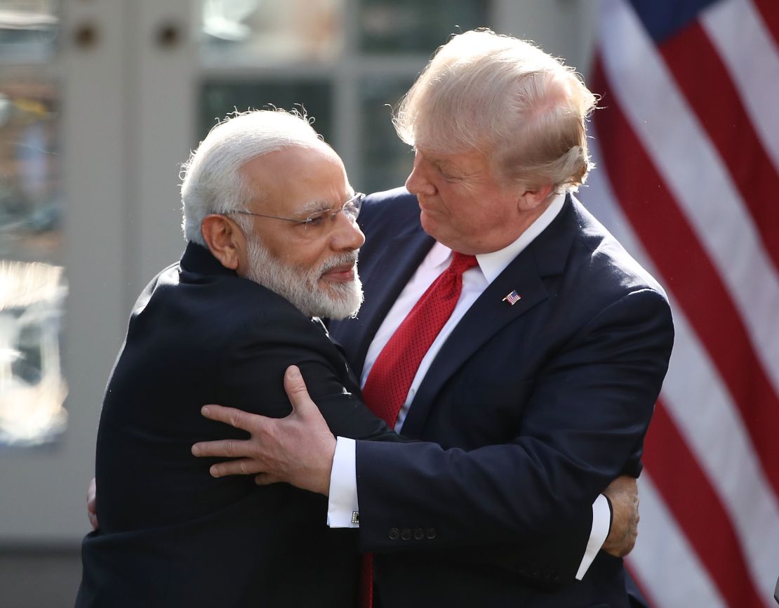 US President Donald Trump and Indian Prime Minister Narendra Modi embrace while delivering joint statements in the Rose Garden, June 26, 2017.