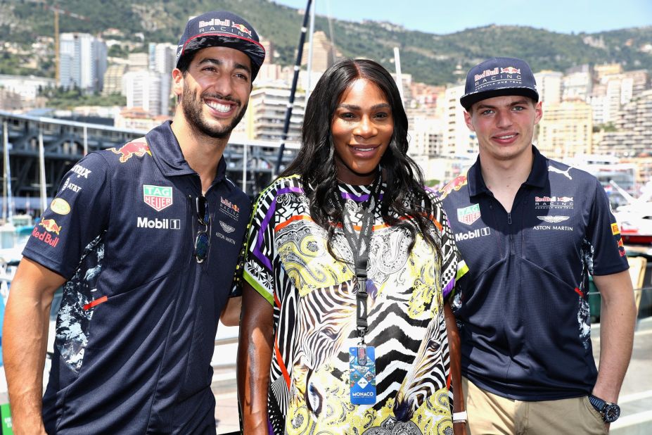 The tennis star has also been traveling the world. The mum-to-be was in Monaco last month for the F1 Grand Prix and was pictured with Red Bull duo Daniel Ricciardo (left) and Max Verstappen