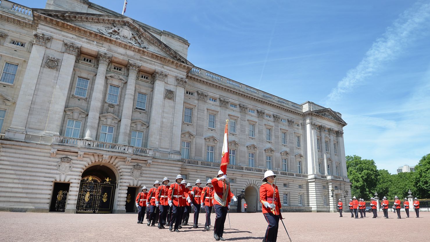 Captain Megan Couto, front, makes history as she becomes the first female to command the Queen's Guard at Buckingham Palace on June 26, 2017.