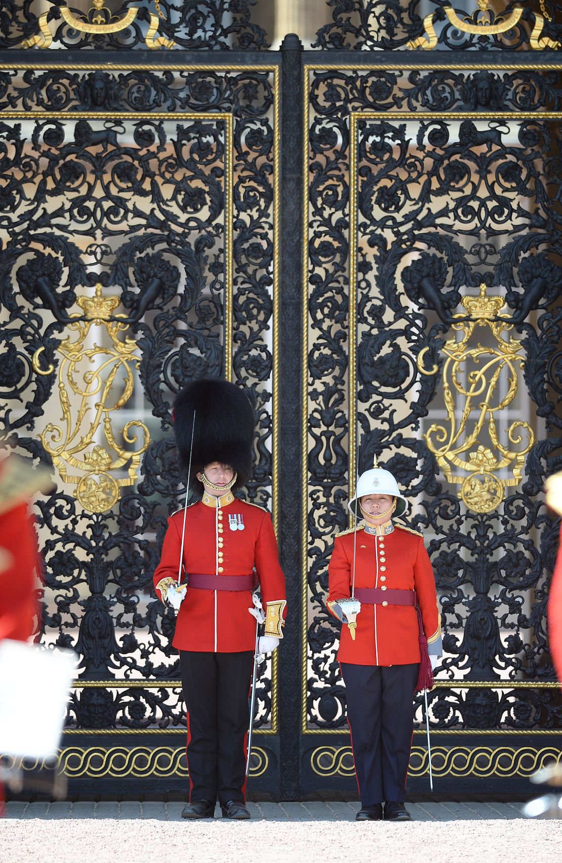 Captain Megan Couto (right) of the 2nd Battalion, Princess Patricia's Canadian Light Infantry, makes history as she becomes the first female to command the Queen's Guard at Buckingham Palace on June 26, 2017 in London, England. 