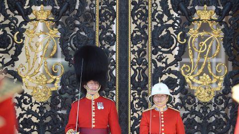 Captain Megan Couto (right) of the 2nd Battalion, Princess Patricia's Canadian Light Infantry, makes history as she becomes the first female to command the Queen's Guard at Buckingham Palace on June 26, 2017 in London, England.