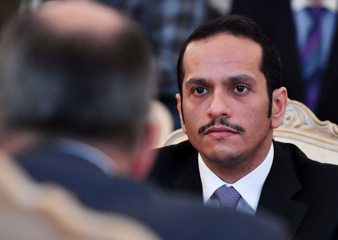 Foreign Minister of Qatar Mohammed bin Abdulrahman bin Jassim Al-Thani speaks with his Russian counterpart during their meeting in Moscow on June 10, 2017. 