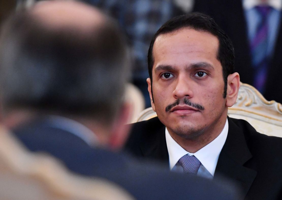 Foreign Minister of Qatar Mohammed bin Abdulrahman bin Jassim Al-Thani speaks with his Russian counterpart during their meeting in Moscow on June 10, 2017.