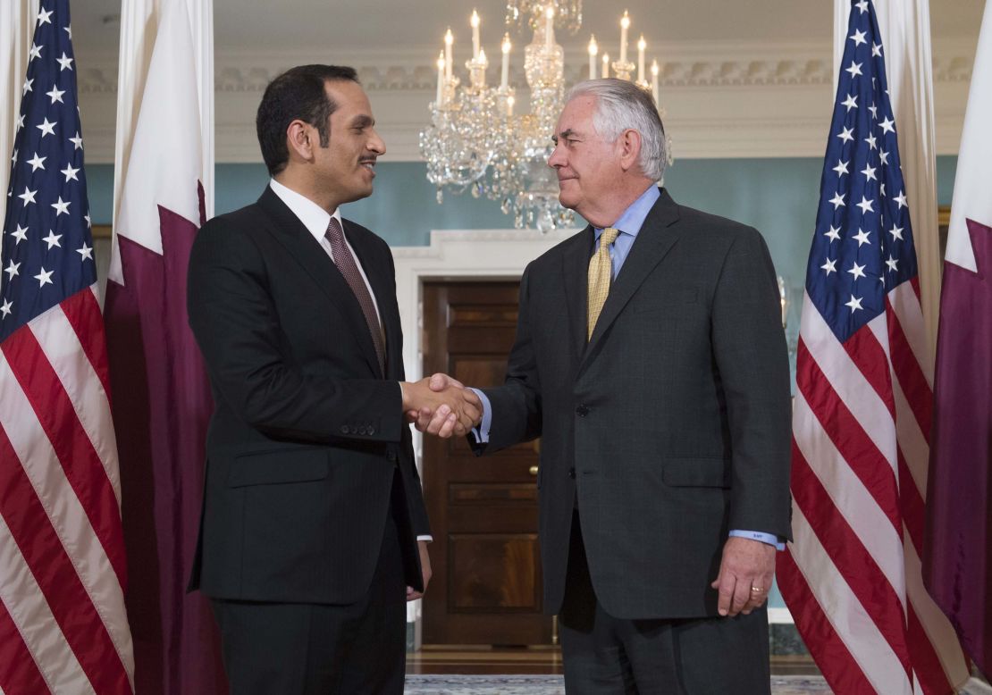 US Secretary of State Rex Tillerson and Qatari Foreign Minister Mohammed bin Abdulrahman al-Thani shake hands prior to a meeting at the State Department in Washington, DC, May 8, 2017.