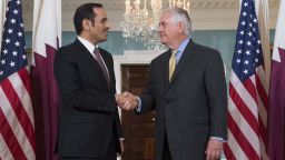 US Secretary of State Rex Tillerson and Qatari Foreign Minister Mohammed bin Abdulrahman al-Thani shake hands prior to a meeting at the State Department in Washington, DC, May 8, 2017. / AFP PHOTO / SAUL LOEB        (Photo credit should read SAUL LOEB/AFP/Getty Images)