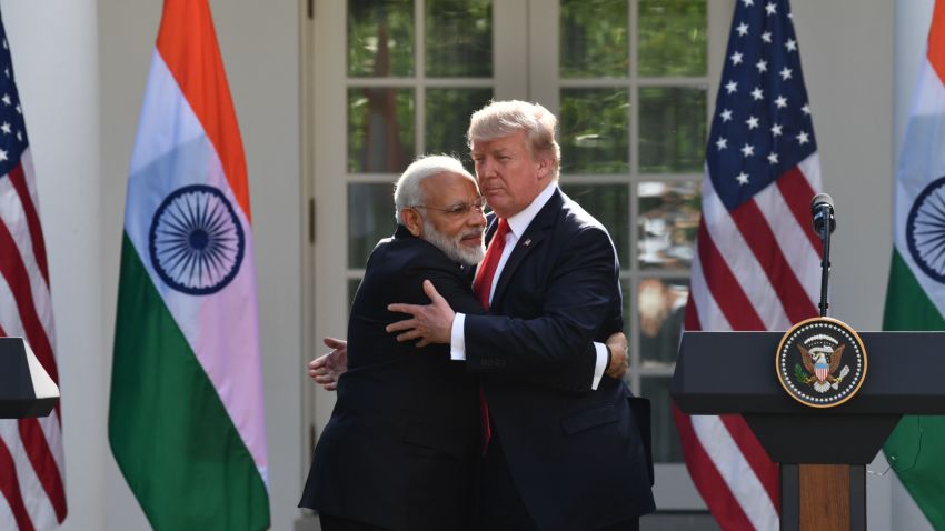 US President Donald Trump and Indian Prime Minister Narendra Modi embrace in the Rose Garden during a joint press conference at the White House in Washington, DC, June 26, 2017. / AFP PHOTO / Nicholas Kamm (Photo credit should read NICHOLAS KAMM/AFP/Getty Images)