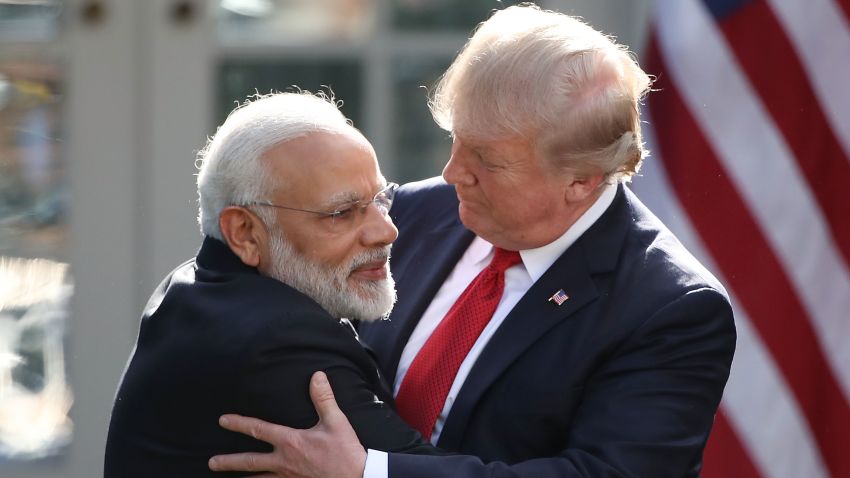 WASHINGTON, DC - JUNE 26: U.S. President Donald Trump and Indian Prime Minister Narendra Modi embrace while delivering joint statements in the Rose Garden of the White House June 26, 2017 in Washington, DC. Trump and Modi met earlier today in the Oval Office to discuss a range of bilateral issues.  (Photo by Mark Wilson/Getty Images)