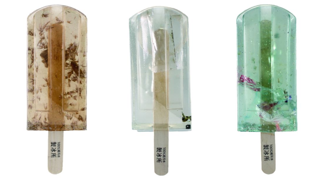 The students -- Hong Yi-chen, Guo Yi-hui, and Zheng Yu-di of the National Taiwan University of the Arts -- collected water samples from various locations in Taiwan and then froze them into popsicles. They later created resin replicas of the results, photographed here.