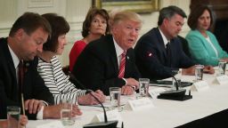 WASHINGTON, DC - JUNE 27:  U.S. President Donald Trump (4th L) speaks as (L-R) Sen. Dean Heller (R-NV), Sen. Susan Collins (R-ME), Sen. Lisa Murkowski (R-AK), Sen. Cory Gardner (R-CO) and Sen. Deb Fischer (R-NE) listen during a meeting with Senate Republicans at the East Room of the White House June 27, 2017 in Washington, DC. President Trump invited all GOP Senate members to the White House to discuss the Health Care bill.  (Photo by Alex Wong/Getty Images)