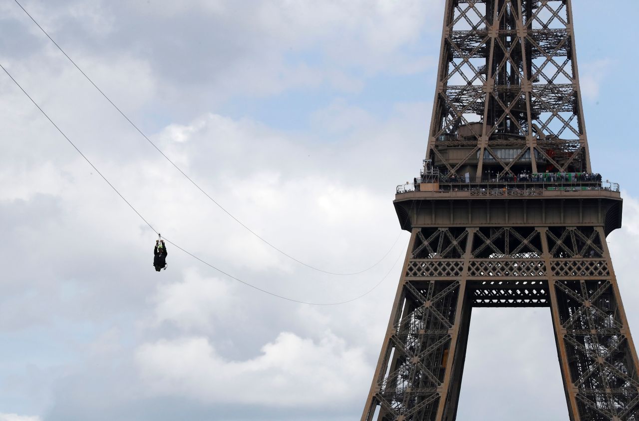 <strong>World's coolest zip lines: </strong>A temporary zip line in Paris opened for two weeks in June 2017: riders could travel from midway up the Eiffel Tower all the way to Champs de Mars gardens.
