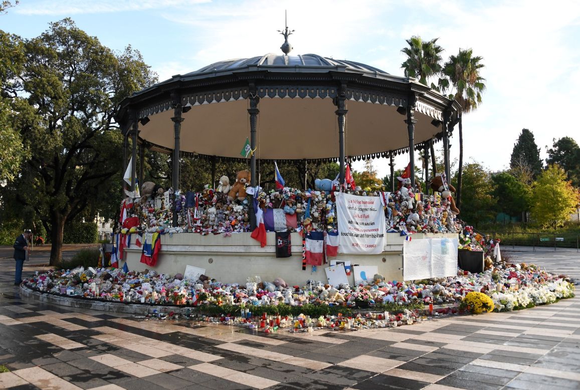 Toys were placed in commemoration to the victims in front of a pavilion at the Promenade des Anglais in Nice -- the long seafront boulevard where the attack took place. A truck driven by an assailant rammed into crowds celebrating Bastille Day, killing 86 people and injuring more than 450.