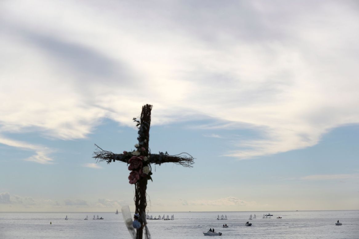 A makeshift cross placed in memory of victims at the Promenades des Anglais.